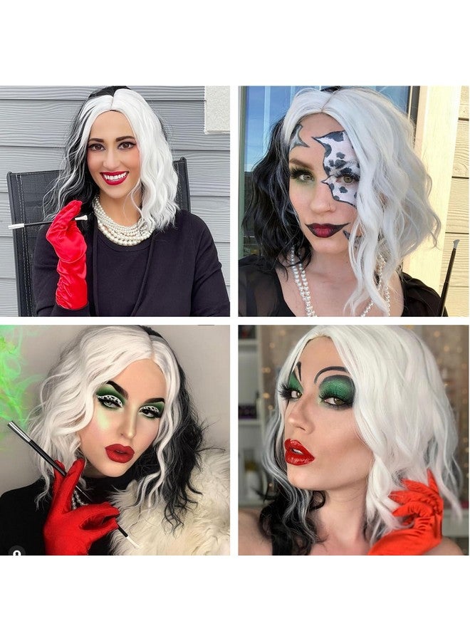 Mildiso Mildiso Cruella Deville Costume Women Girls Dalmatian Costume Cruella Deville Wig with Gloves Necklace Earrings Short Black and White Wig Curly Wavy Wig with Accessories M127BW  - Image 3