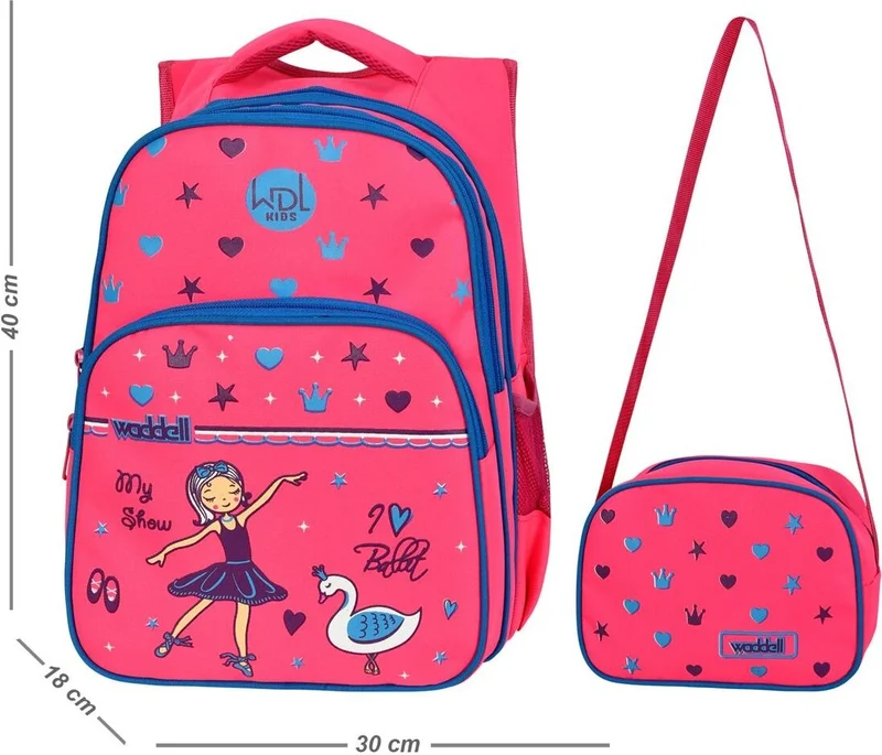 Waddell Licensed Pink Ballerina Patterned Primary School Backpack and Lunchbox