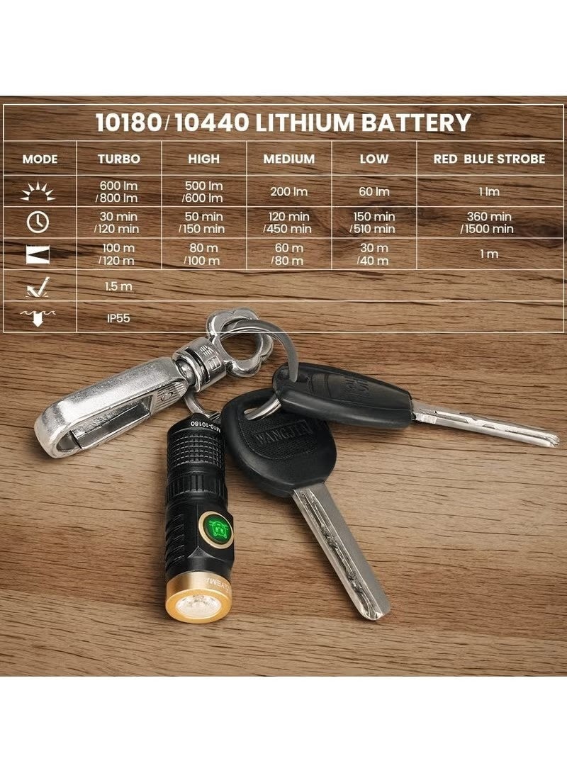 مصباح يدوي صغير قابل لإعادة الشحن بقوة 800 لومن EDC مع حلقة مفاتيح، إضاءة LED فائقة السطوع مع شحن سريع Type-C، 5 أوضاع إضاءة، مدى شعاع 492 قدم، هيكل من الألومنيوم مقاوم للماء IP55 – مصباح جيب محمول للتخييم، المشي، وحالات الطوارئ - Image 5