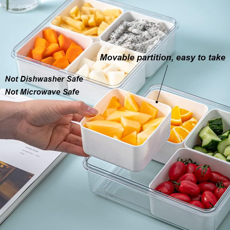 MANO Food Storage Containers Divided Refrigerator Organizer Bins Veggie Tray with Lid Fridge Produce Saver Plastic Vegetable Serving Tray Platter with 4 Compartment Snack Containers for Candy,White - Image 2