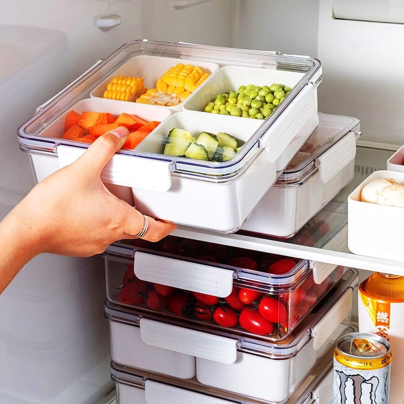 MANO Food Storage Containers Divided Refrigerator Organizer Bins Veggie Tray with Lid Fridge Produce Saver Plastic Vegetable Serving Tray Platter with 4 Compartment Snack Containers for Candy,White - Image 4