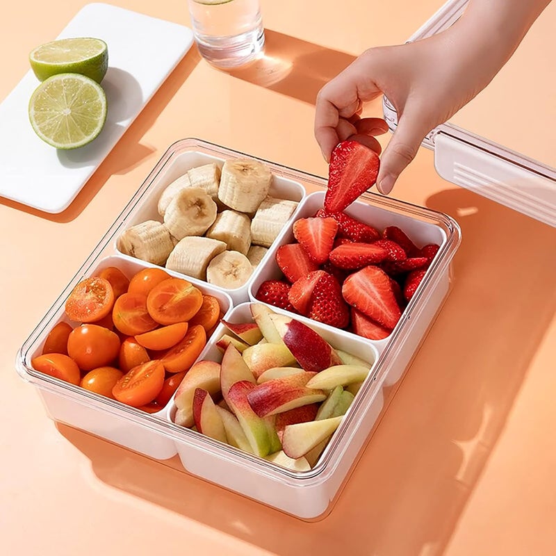 MANO Food Storage Containers Divided Refrigerator Organizer Bins Veggie Tray with Lid Fridge Produce Saver Plastic Vegetable Serving Tray Platter with 4 Compartment Snack Containers for Candy,White - Image 1