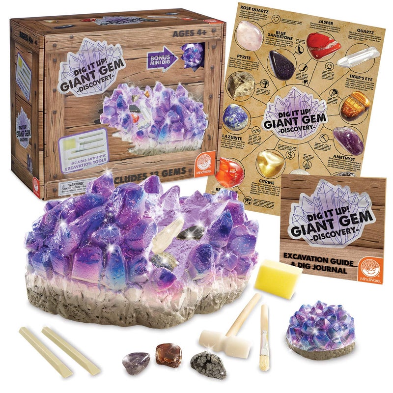 MindWare Dig It Up Giant Gem Discovery Kit Gemstone Dig Kit Offers Geology for Kids with 12 Real Polished Hidden Gemstones Includes 1 Giant Gem Chiseling Tools Gemstone Poster Ages 4 - Image 3