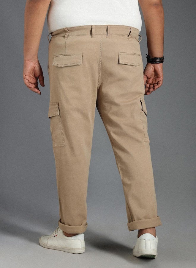 HIGH STAR Men's Taupe Cotton Blend Solid Pattern Full Length Cargo Straight Fit Trouser  - Image 1