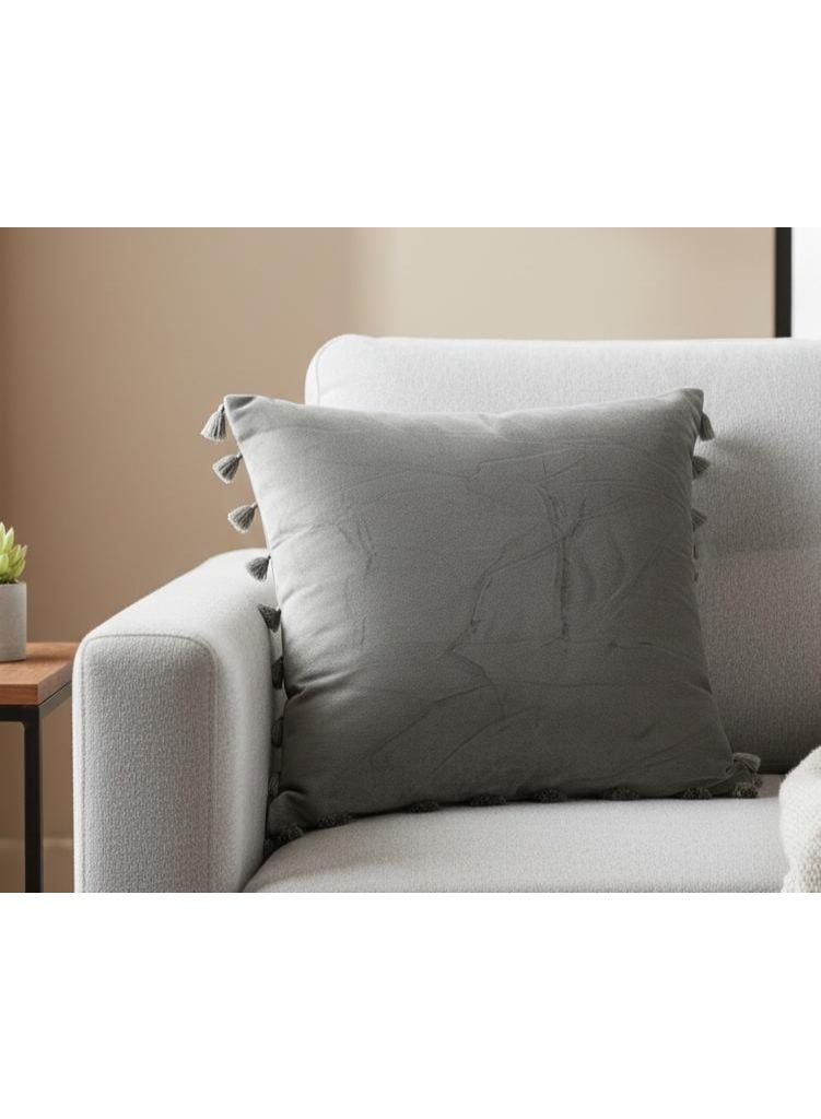 AKDC Luxury Soft Velvet Square Cushion with Fringed Trim Border – Elegant Gray, 45×45 cm - Image 2