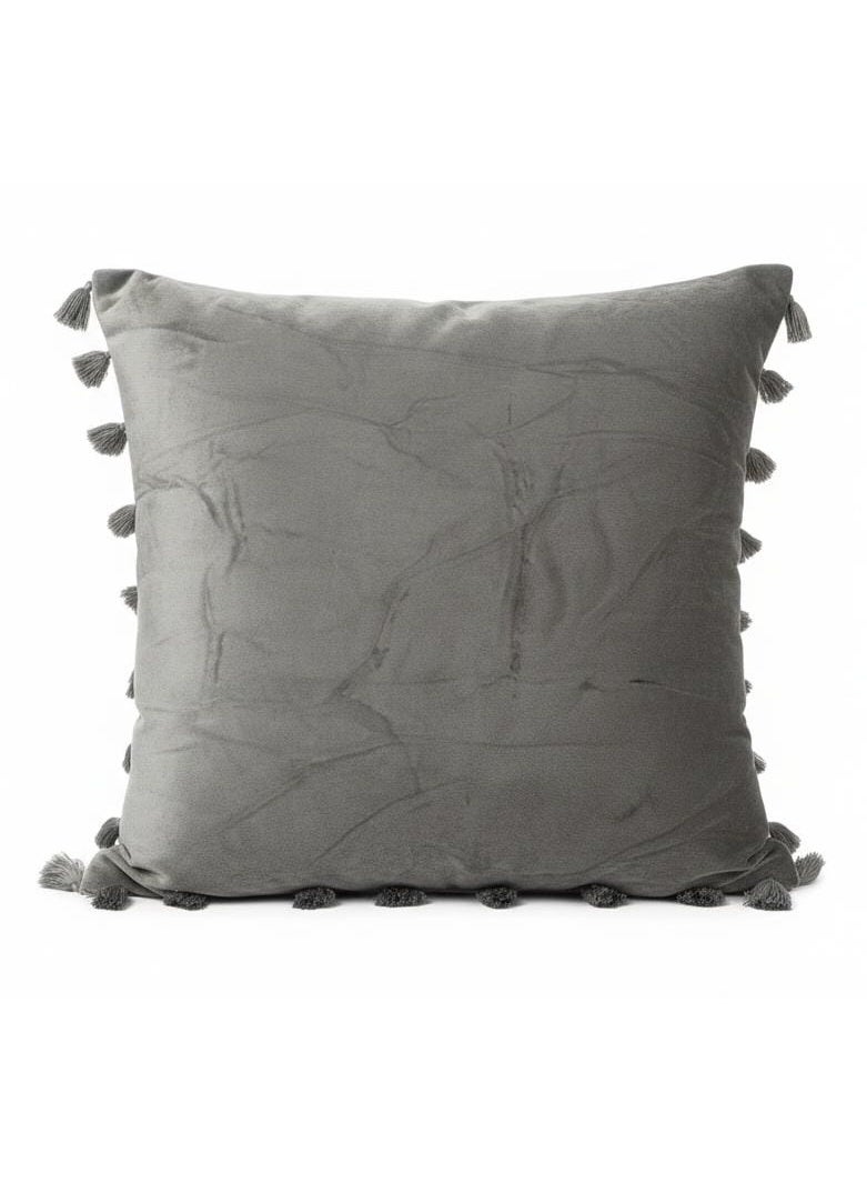 AKDC Luxury Soft Velvet Square Cushion with Fringed Trim Border – Elegant Gray, 45×45 cm - Image 1