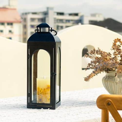 Bdor 2 Pack Luxury Black Metal Lanterns – 16" Tall Modern Hurricane Candle Lanterns with Tempered Glass Panels for Front Porch, Tabletop, Mantel, Wall Hanging, Garden, Indoor & Outdoor Décor - Image 2
