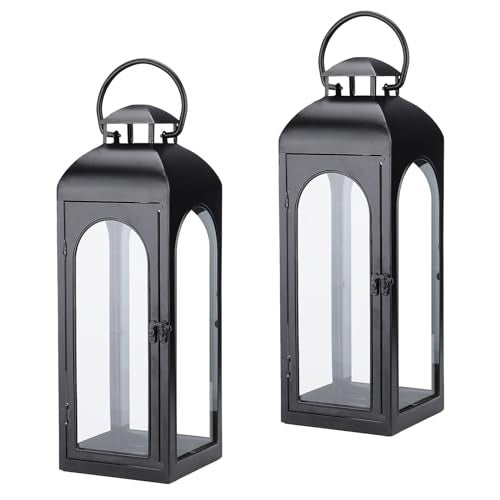 Bdor 2 Pack Luxury Black Metal Lanterns – 16" Tall Modern Hurricane Candle Lanterns with Tempered Glass Panels for Front Porch, Tabletop, Mantel, Wall Hanging, Garden, Indoor & Outdoor Décor - Image 1