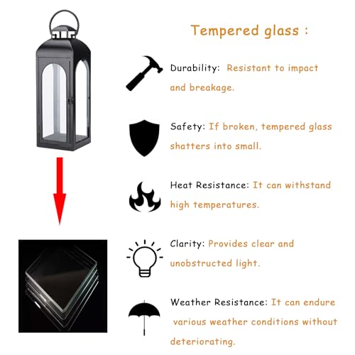 Bdor 2 Pack Luxury Black Metal Lanterns – 16" Tall Modern Hurricane Candle Lanterns with Tempered Glass Panels for Front Porch, Tabletop, Mantel, Wall Hanging, Garden, Indoor & Outdoor Décor - Image 4