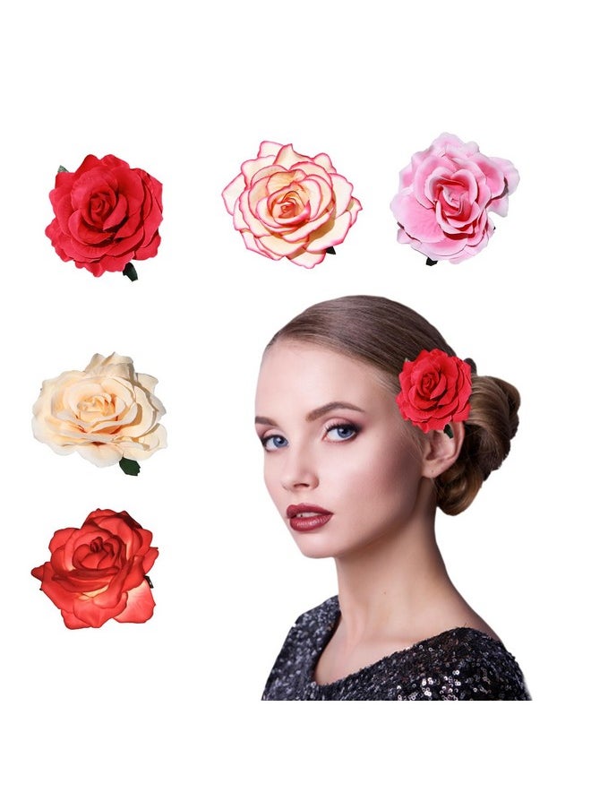Ever Fairy - Ver Fairy Rose Flower Hair Clip Flamenco Dancer Pin Up Flower Brooch (5 Pack Pink + Tangerine Pink + Rose + Light Orange + Red) - Image 1