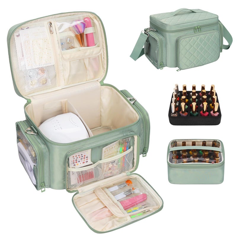 Bagmoly Nail Polish Organizer, Nail Polish Storage Holds 42+ Bottles & Nail Lamp, Portable Travel Nail Kit Storage Carrying Case Fits Nail Suppiles, Gift for Manicurist, Grils - Green - Image 1