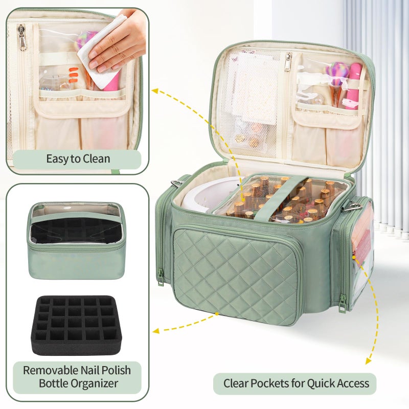 Bagmoly Nail Polish Organizer, Nail Polish Storage Holds 42+ Bottles & Nail Lamp, Portable Travel Nail Kit Storage Carrying Case Fits Nail Suppiles, Gift for Manicurist, Grils - Green - Image 3