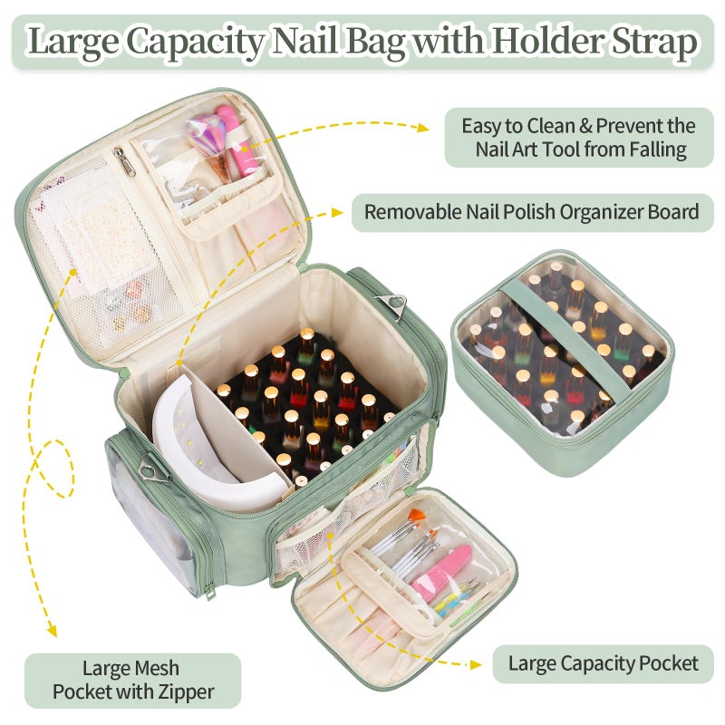 Bagmoly Nail Polish Organizer, Nail Polish Storage Holds 42+ Bottles & Nail Lamp, Portable Travel Nail Kit Storage Carrying Case Fits Nail Suppiles, Gift for Manicurist, Grils - Green - Image 2