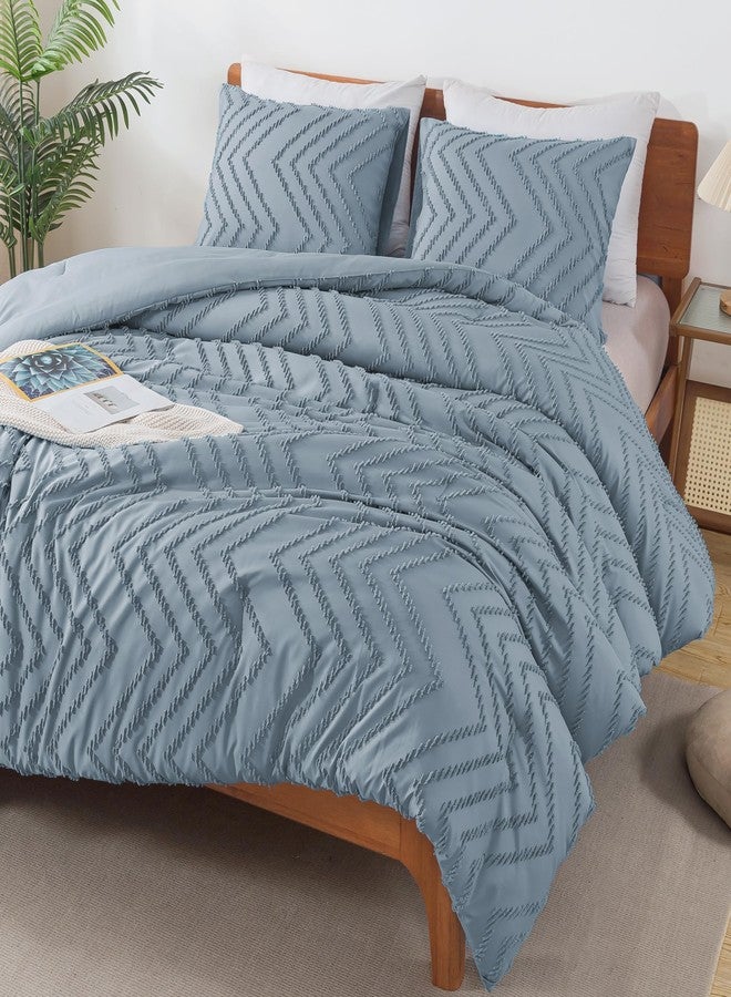Andency طقم لحاف أندنسي رمادي مزرق بحجم كوين، مجموعة أغطية سرير بوهو ناعمة ودافئة مع تنجيد، 3 قطع بتصميم شيفرون ريفي جذاب مع لمسة بوهو - Image 1