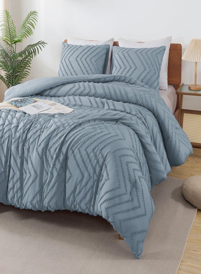 Andency طقم لحاف أندنسي رمادي مزرق بحجم كوين، مجموعة أغطية سرير بوهو ناعمة ودافئة مع تنجيد، 3 قطع بتصميم شيفرون ريفي جذاب مع لمسة بوهو - Image 3