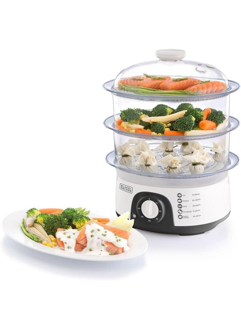 BLACK&DECKER بخار الطعام، 775 واط، 10 لتر تصميم قابل للفصل 3 طبقات، تحكم بالوقت، تحضير وجبات سريع وسهل، آمن للغسل في غسالة الصحون، خفيف الوزن 1.98 كجم، 220-240 فولت، فعال ومضغوط، أبيض - Image 1