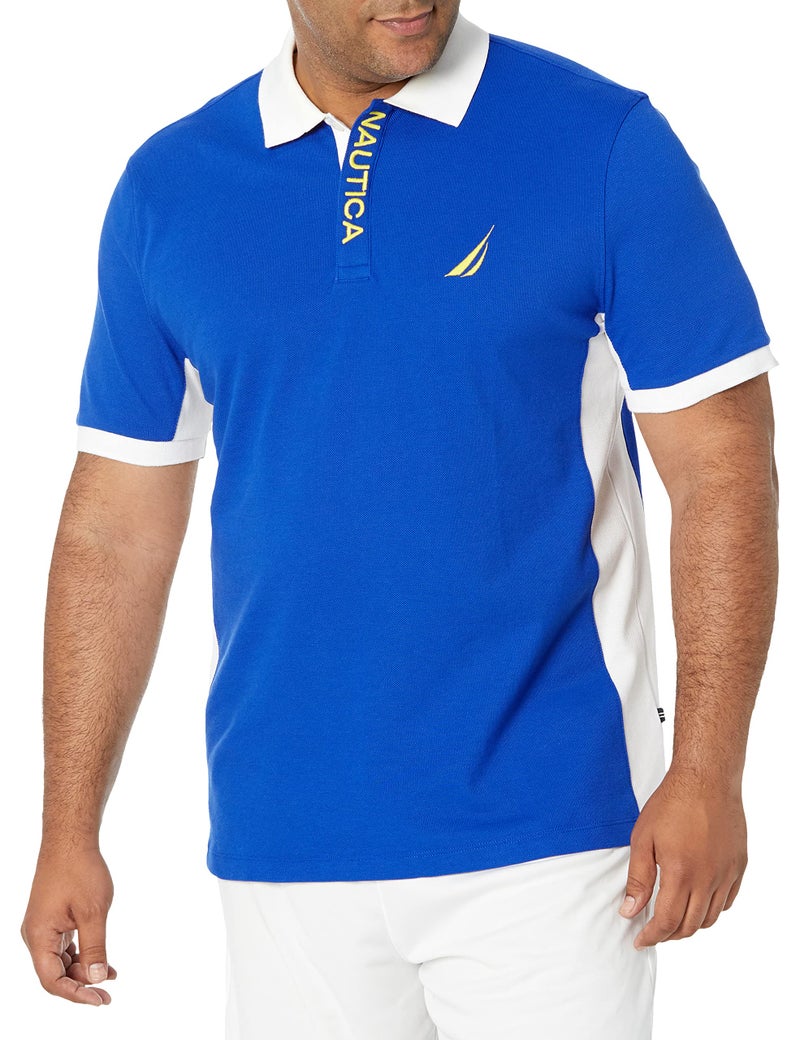 Nautica Men's Short Sleeve Color Block Performance Pique Polo Shirt Shirt, Bright Cobalt, Medium - Image 1