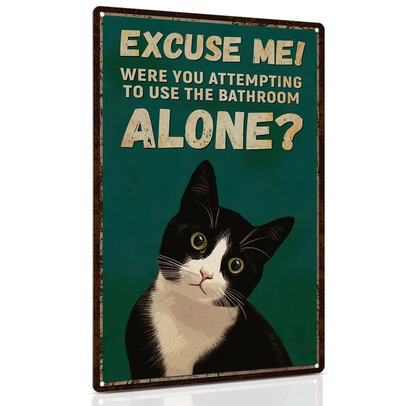 ALKB Funny Tuxedo Cat Metal Signs Black Cat Metal Poster Tuxedo Cat Lover Gift Vintage Bathroom Wall Decor 8 x 12 Inch - Image 1