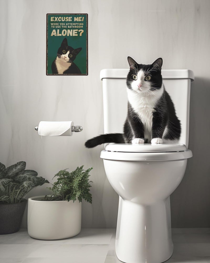 ALKB Funny Tuxedo Cat Metal Signs Black Cat Metal Poster Tuxedo Cat Lover Gift Vintage Bathroom Wall Decor 8 x 12 Inch - Image 2