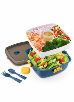 Salad Lunch Box Container Double Layer Bento Box With Cutlery And Sauce Container 40 Oz Salad Bowl With 5 Compartment Bento Style Tray Leak Proof Lunch Box For Food Snack Salad Home Office (Blue)