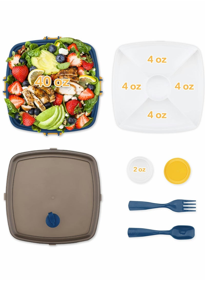 SYOSI - Salad Lunch Box Container Double Layer Bento Box With Cutlery And Sauce Container 40 Oz Salad Bowl With 5 Compartment Bento Style Tray Leak Proof Lunch Box For Food Snack Salad Home Office (Blue) - Image 1