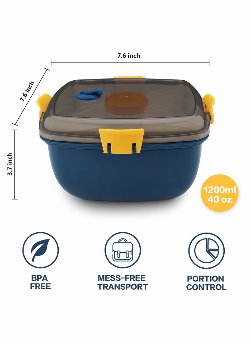 SYOSI - Salad Lunch Box Container Double Layer Bento Box With Cutlery And Sauce Container 40 Oz Salad Bowl With 5 Compartment Bento Style Tray Leak Proof Lunch Box For Food Snack Salad Home Office (Blue) - Image 1