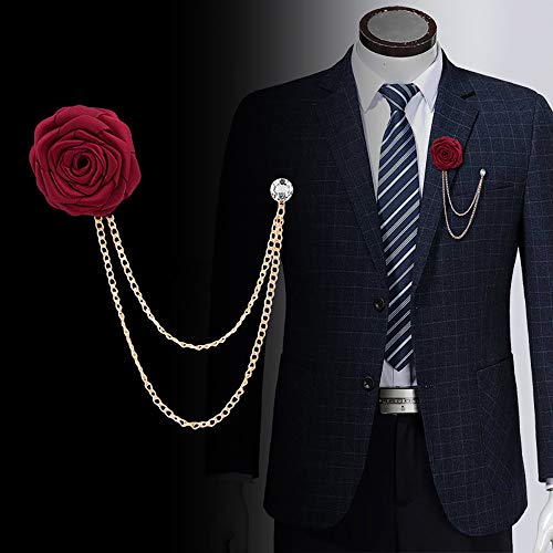 MXUHUI Fashion Bridegroom Wedding Brooches Cloth Art Hand-Made Rose Flower Brooch Lapel Pin Badge Tassel Chain Men's Suit Accessories (Black) - Image 4