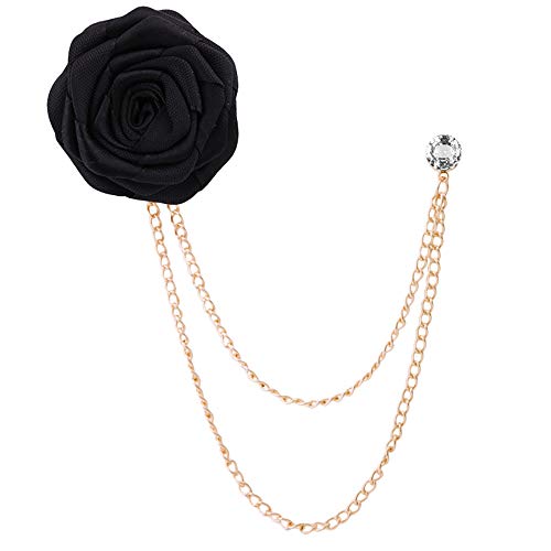 MXUHUI Fashion Bridegroom Wedding Brooches Cloth Art Hand-Made Rose Flower Brooch Lapel Pin Badge Tassel Chain Men's Suit Accessories (Black) - Image 1