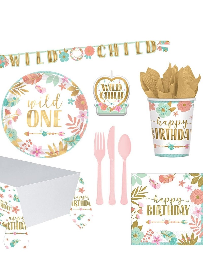 Amscan 1st Birthday Boho Girl Premium Tableware Party Supplies Includes Plates, Cups, Cutlery, Napkins, Tablecover, Birthday Candle and Banner for 8 Guests - Image 1