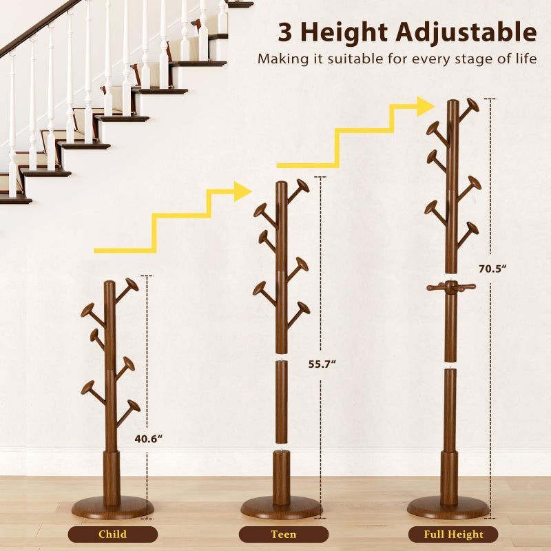 Taitiy Solid Wood Coat Rack Freestanding Coat Tree with 10 Hooks for Bedroom, Livingroom, Entryway, Sturdy Coat Hanger Stand for Hats, Coats, Scarves, Handbags, Purses - Image 2