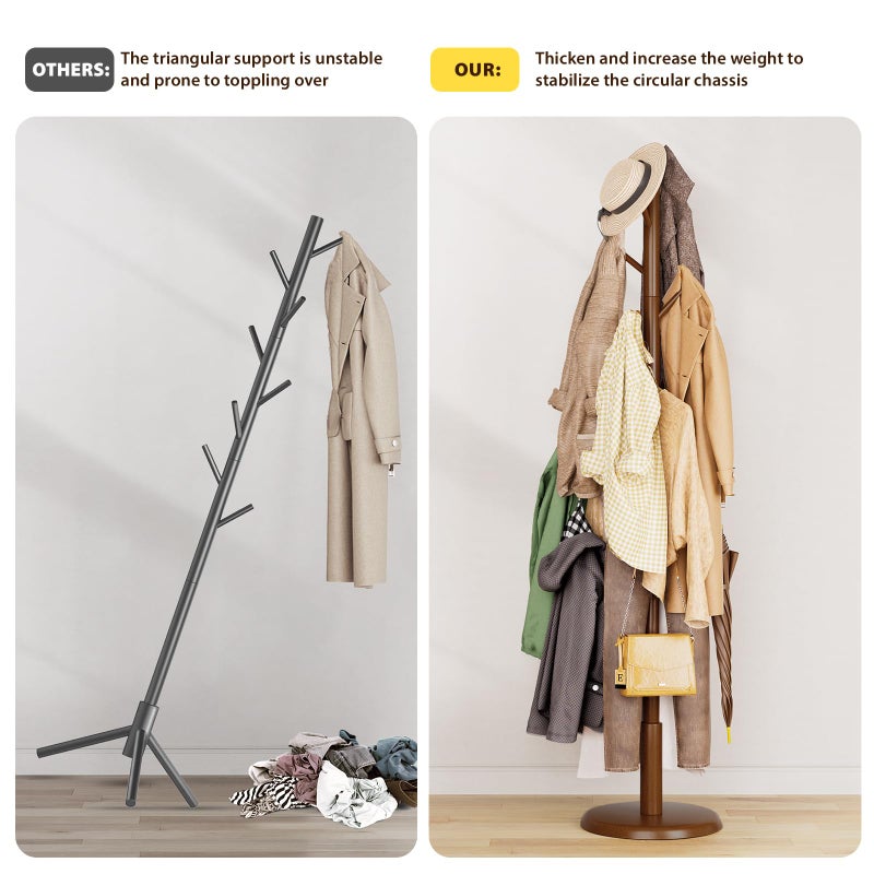 Taitiy Solid Wood Coat Rack Freestanding Coat Tree with 10 Hooks for Bedroom, Livingroom, Entryway, Sturdy Coat Hanger Stand for Hats, Coats, Scarves, Handbags, Purses - Image 3