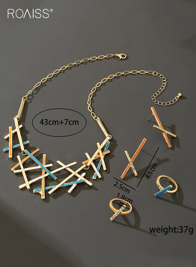 رويس مجموعة مجوهرات نسائية بتصميم هندسي متشابك، مجموعة مجوهرات فريدة ومبتكرة غير منتظمة، قلادة وأقراط وخاتم للسيدات - Image 5