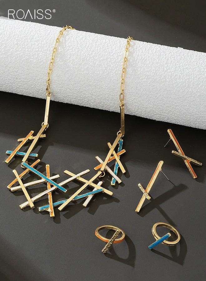 رويس مجموعة مجوهرات نسائية بتصميم هندسي متشابك، مجموعة مجوهرات فريدة ومبتكرة غير منتظمة، قلادة وأقراط وخاتم للسيدات - Image 3