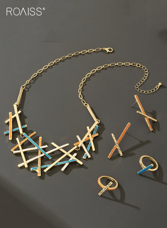 رويس مجموعة مجوهرات نسائية بتصميم هندسي متشابك، مجموعة مجوهرات فريدة ومبتكرة غير منتظمة، قلادة وأقراط وخاتم للسيدات - Image 1