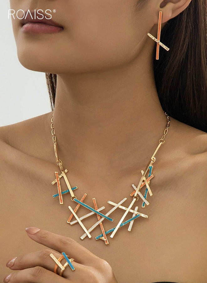 رويس مجموعة مجوهرات نسائية بتصميم هندسي متشابك، مجموعة مجوهرات فريدة ومبتكرة غير منتظمة، قلادة وأقراط وخاتم للسيدات - Image 2