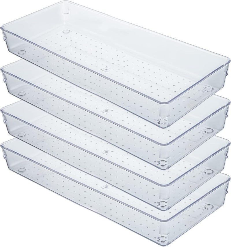Kingrol 4 Pack Clear Drawer Organizer Trays 15 x 6 x 2 Inch Desk Drawer Divider Storage Bins Storage Box Set for Utensils Junks Vanities Makeups Jewelry Office Craft Supplies - Image 1