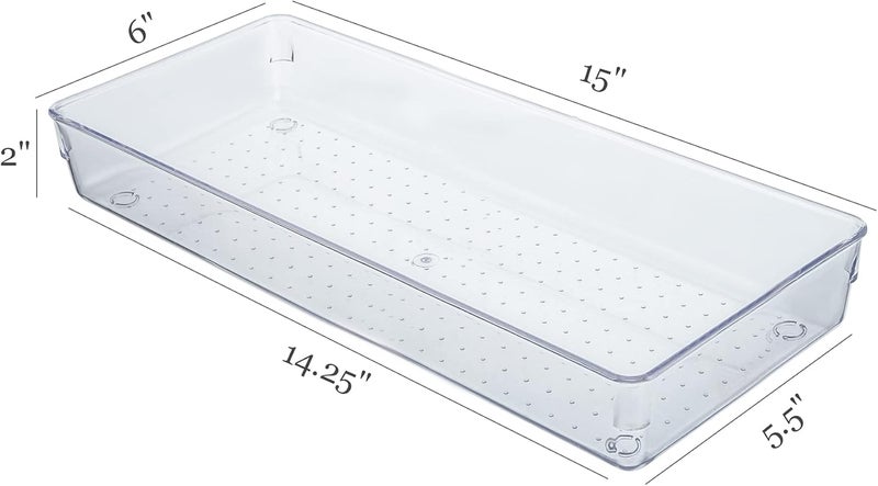 Kingrol 4 Pack Clear Drawer Organizer Trays 15 x 6 x 2 Inch Desk Drawer Divider Storage Bins Storage Box Set for Utensils Junks Vanities Makeups Jewelry Office Craft Supplies - Image 2