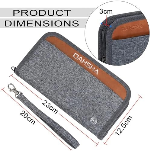 DAHSHA RFID Travel Family Passport Holder Card Holder Wallet Travel Accessories Document Organizer, Passport Cover, with Removable Hand Strap for Men and Women (Grey- 12.5 x 3 x 23 cm) - Image 2