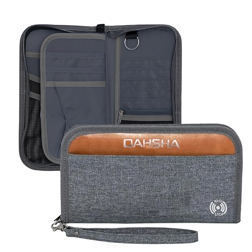 DAHSHA RFID Travel Family Passport Holder Card Holder Wallet Travel Accessories Document Organizer, Passport Cover, with Removable Hand Strap for Men and Women (Grey- 12.5 x 3 x 23 cm) - Image 1