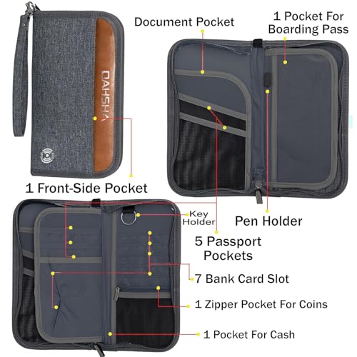 DAHSHA RFID Travel Family Passport Holder Card Holder Wallet Travel Accessories Document Organizer, Passport Cover, with Removable Hand Strap for Men and Women (Grey- 12.5 x 3 x 23 cm) - Image 4