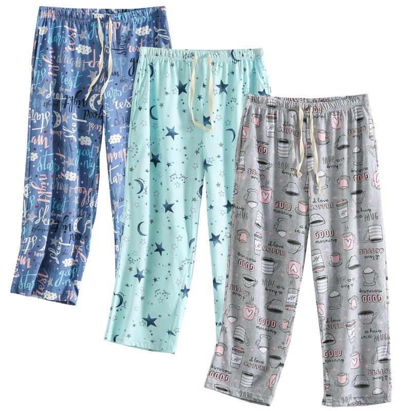 PNAEONG 3 Pack Womens Pajama Pants Cotton Capri Pajama bottoms Drawstring Pj Bottoms Sleep Lounge Pants with Pockets Large - Image 1