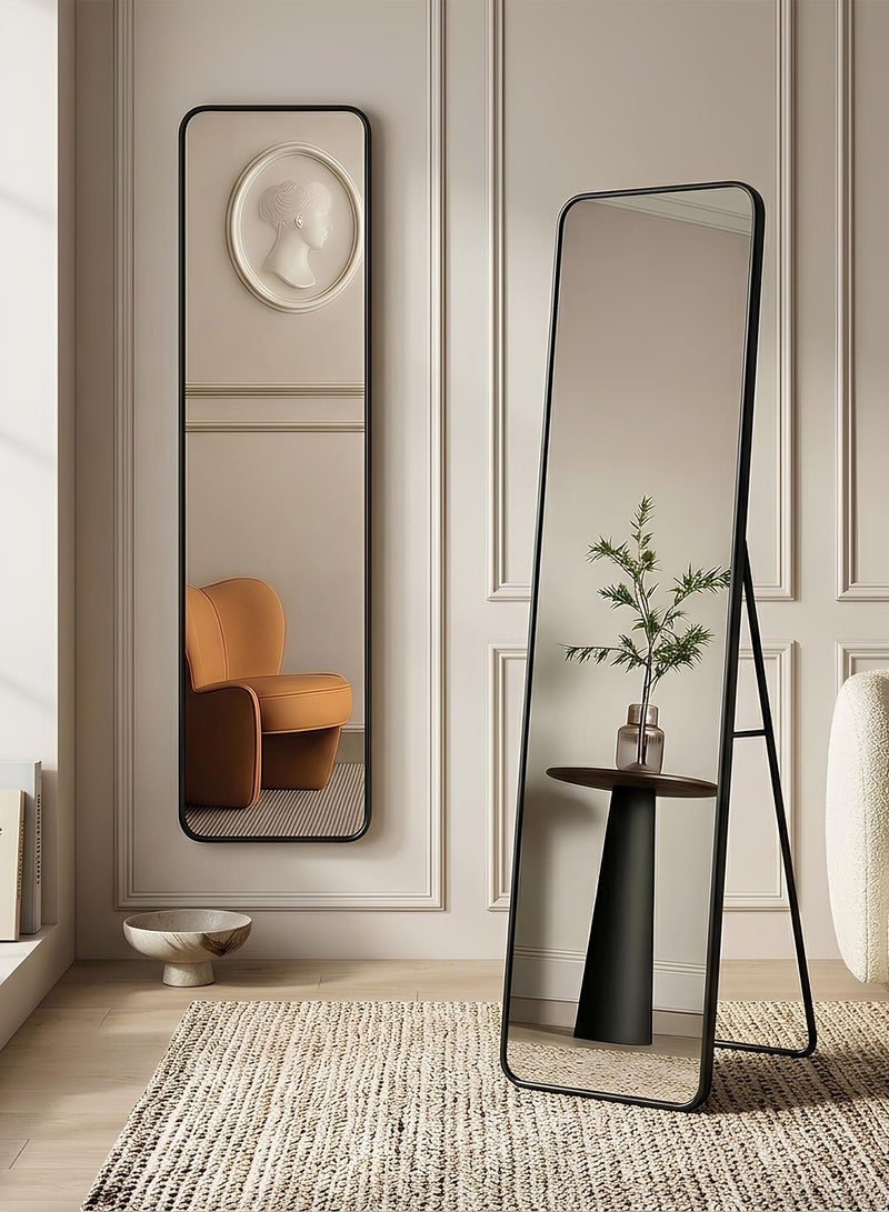 Taimi Rectangular Mirror 120x30cm with Rounded Edges, Full Length Mirror with Stand and Metal Frame, Floor Mirror, Wall Mirror Hanging or Tilt for Living Room, Bedroom, Entryway Black - Image 1