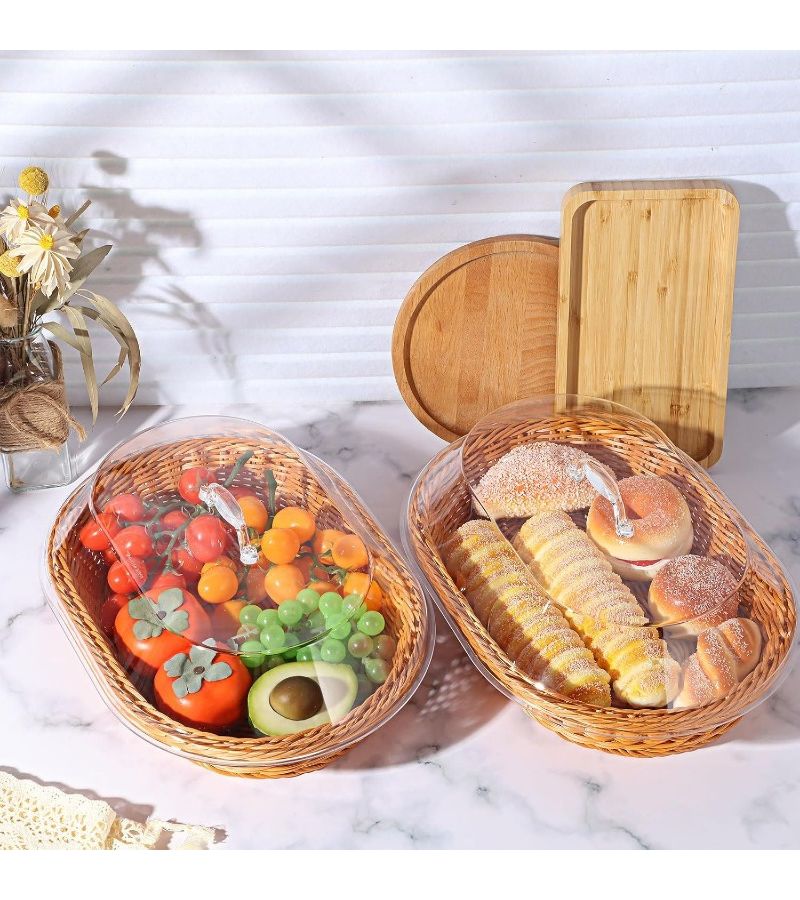 Round Imitation Rattan Bread Basket With Acrylic Dust Proof Lid - Image 2