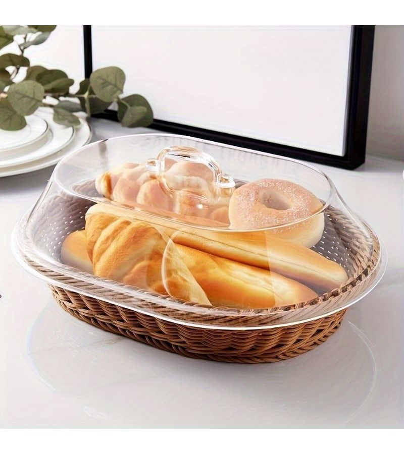 Round Imitation Rattan Bread Basket With Acrylic Dust Proof Lid - Image 4
