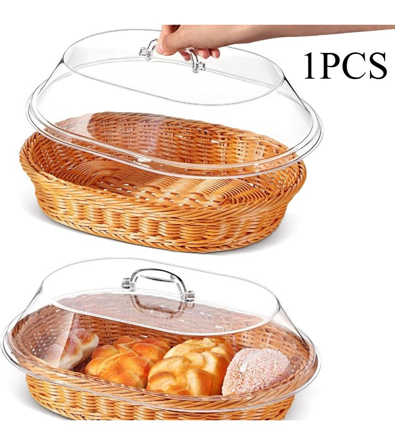 Round Imitation Rattan Bread Basket With Acrylic Dust Proof Lid - Image 1