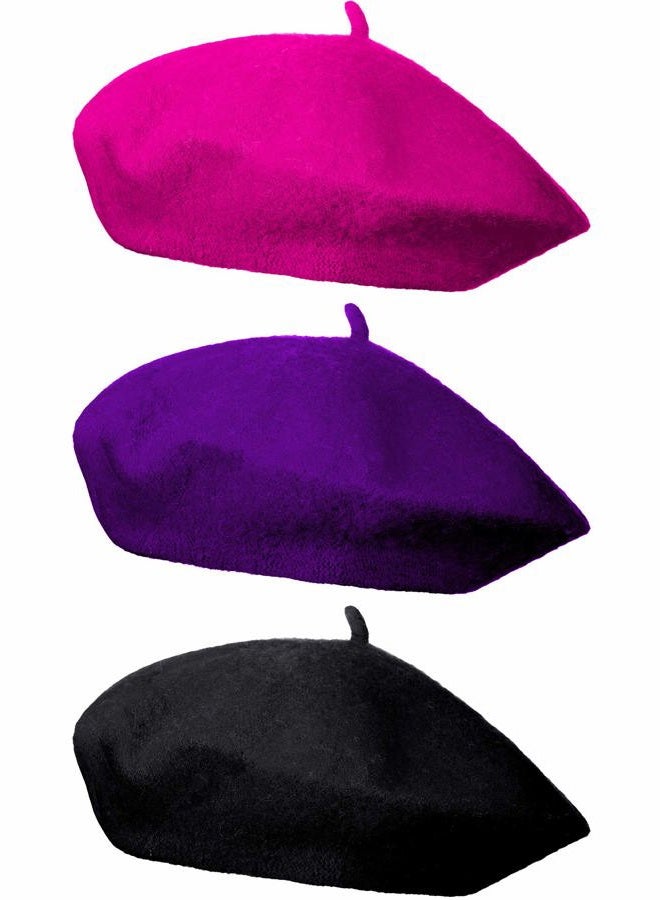 Hestya 3 Pieces Beret Hat French Style Beanie Cap Solid Color Winter Hat for Women and Girls Casual Use (Black, Purple, Rose Red) - Image 1