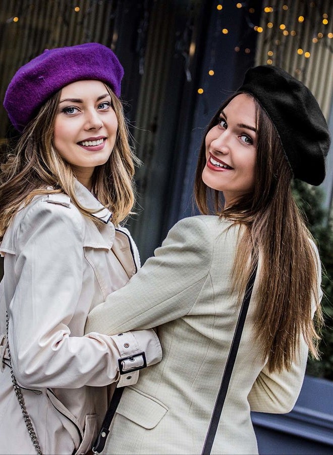 Hestya 3 Pieces Beret Hat French Style Beanie Cap Solid Color Winter Hat for Women and Girls Casual Use (Black, Purple, Rose Red) - Image 5