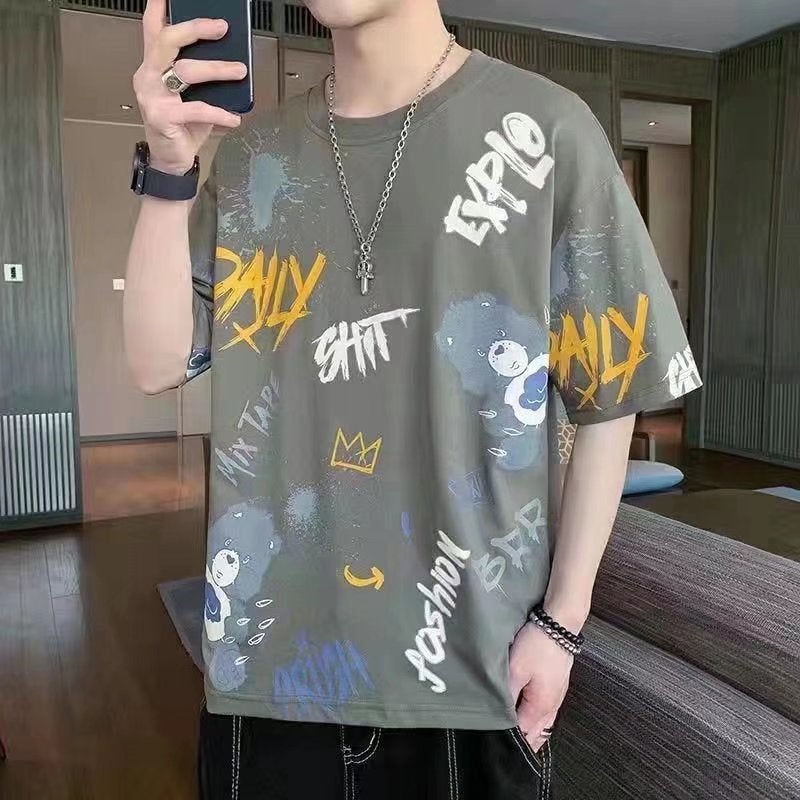 Short sleeve t-shirt mens 2022 summer New loose casual T-shirt Korean style trendy all-match round neck half sleeve top Bear Gray  - Image 1