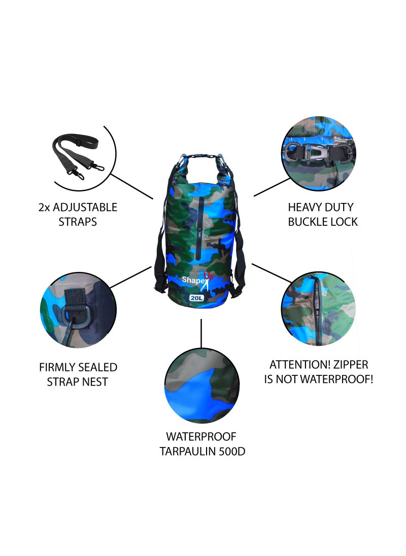 SHAPE UP - Waterproof Marine Dry Bag Backpack PVC 500 Tarpaulin 20L with pocket and 10L Shoulder Strap Roll Top Floating Dry Sack Boating Swimming with Towel and Phone Case Khaki Blue + Transparent Blue, - Image 1