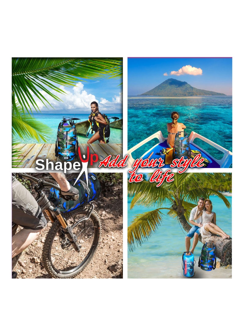 SHAPE UP - Waterproof Marine Dry Bag Backpack PVC 500 Tarpaulin 20L with pocket and 10L Shoulder Strap Roll Top Floating Dry Sack Boating Swimming with Towel and Phone Case Khaki Blue + Transparent Blue, - Image 1